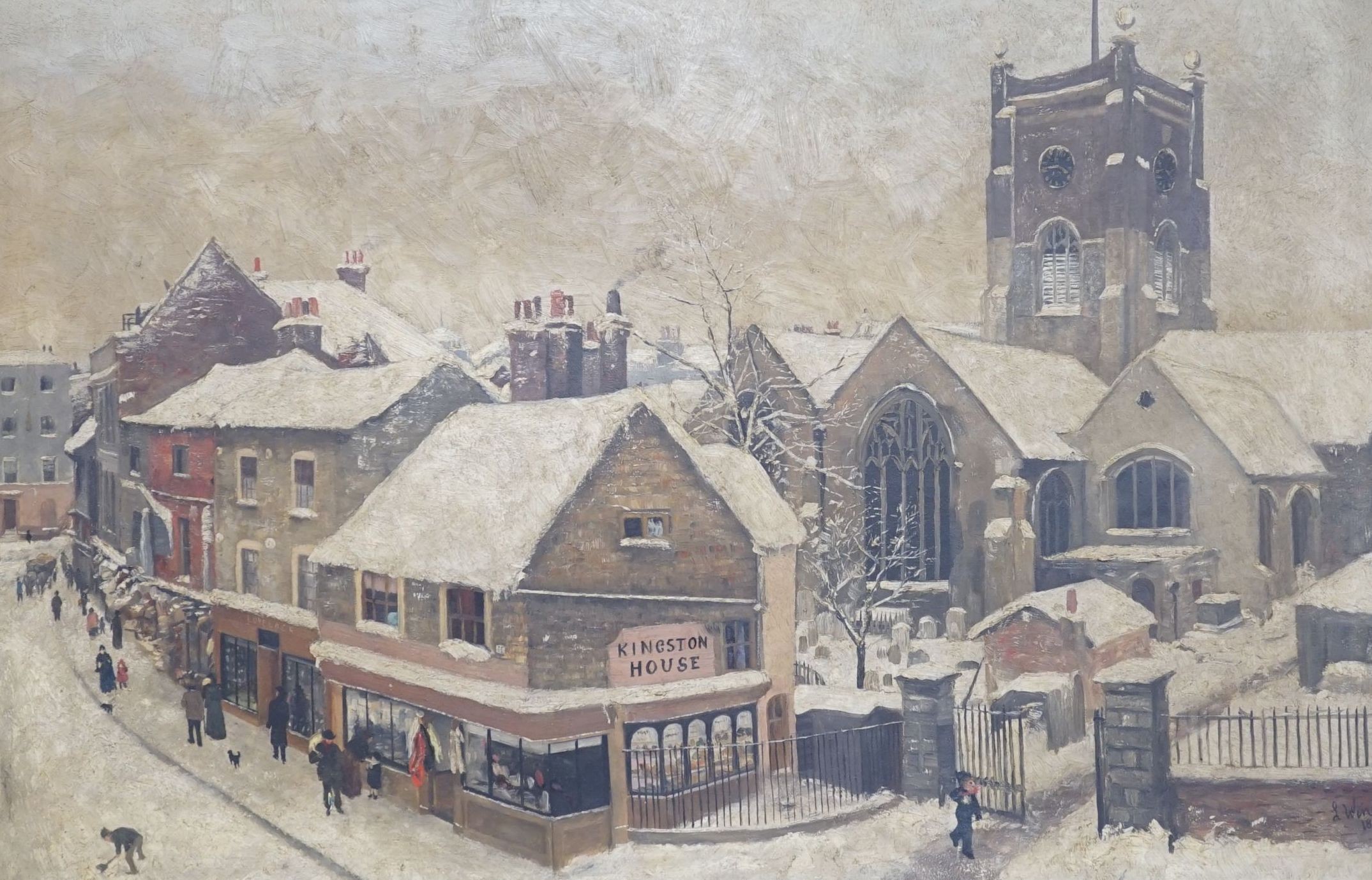 L. Windsor (19th C.), oil on canvas, Street scene under snow with Kingston House on the corner, signed and dated 1889, 58 x 89cm